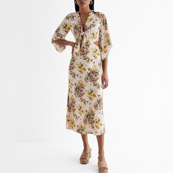 Express Dresses & Skirts - Express Satin Floral V-Neck Tie Front Cutout Midi Dress